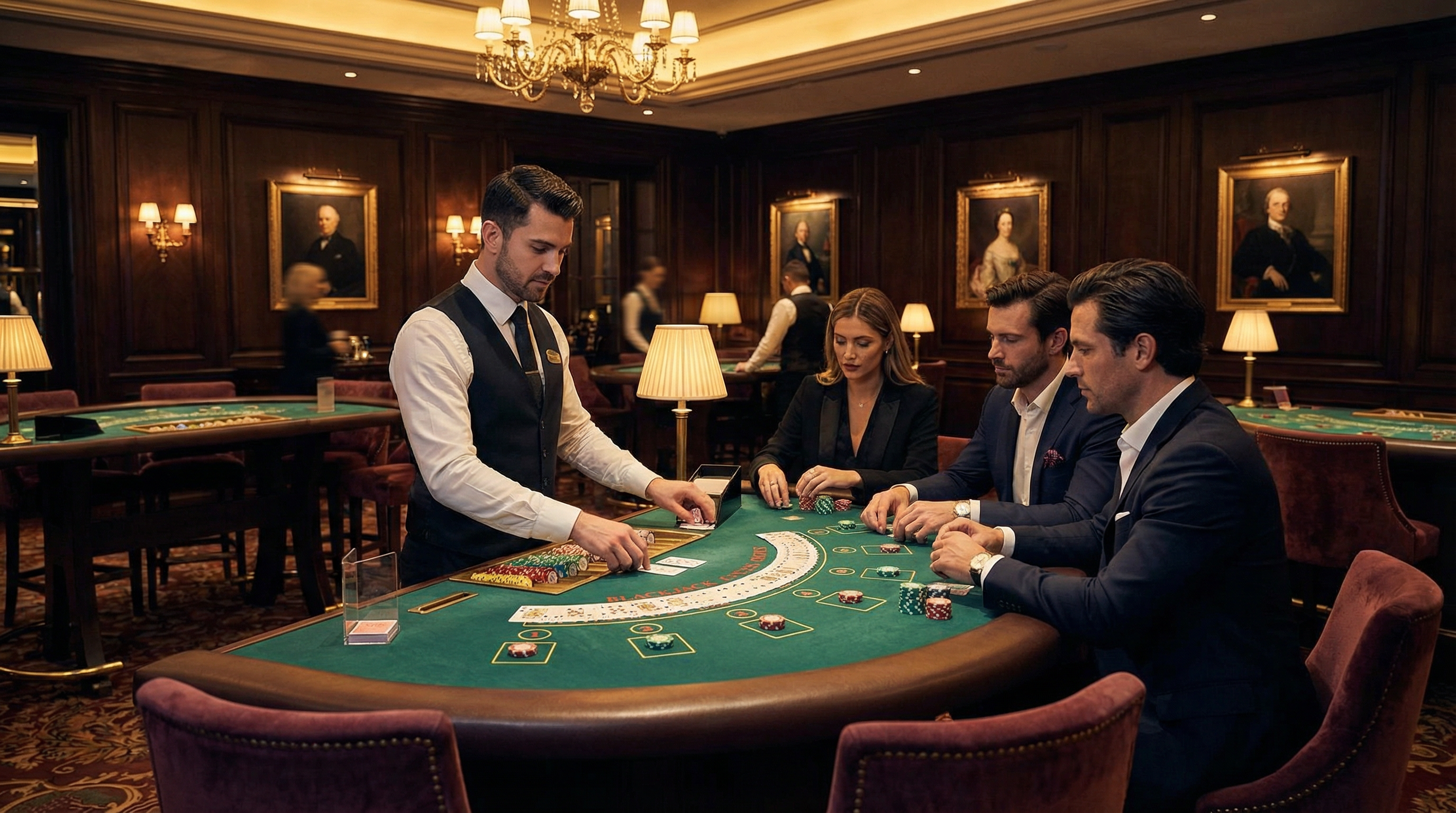 二十一点游戏桌荷官发牌场景